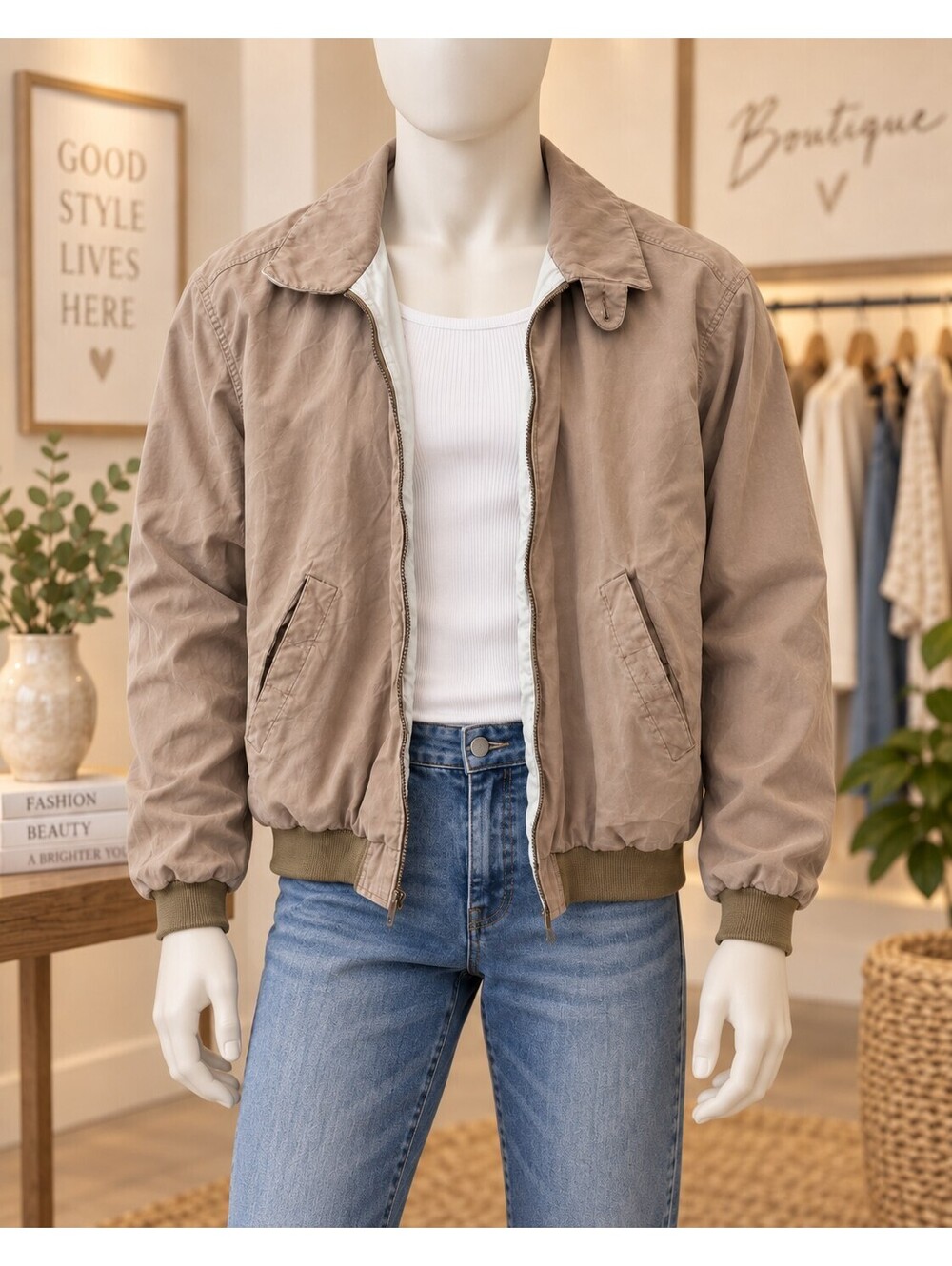 Aberdeen Collection vintage tan zip-up bomber jacket